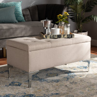 Baxton Studio WS-20093 -Beige/Silver-Otto Mabel Modern and Contemporary Transitional Beige Fabric Upholstered and Silver Finished Metal Storage Ottoman